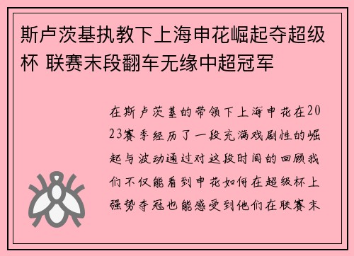 斯卢茨基执教下上海申花崛起夺超级杯 联赛末段翻车无缘中超冠军