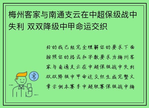 梅州客家与南通支云在中超保级战中失利 双双降级中甲命运交织